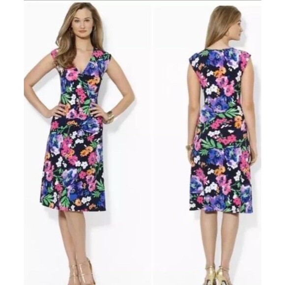 Ralph Lauren Sz L Dress Floral Vibrant Stretch Liquid Knit V-Neck Flowy - Picture 1 of 10